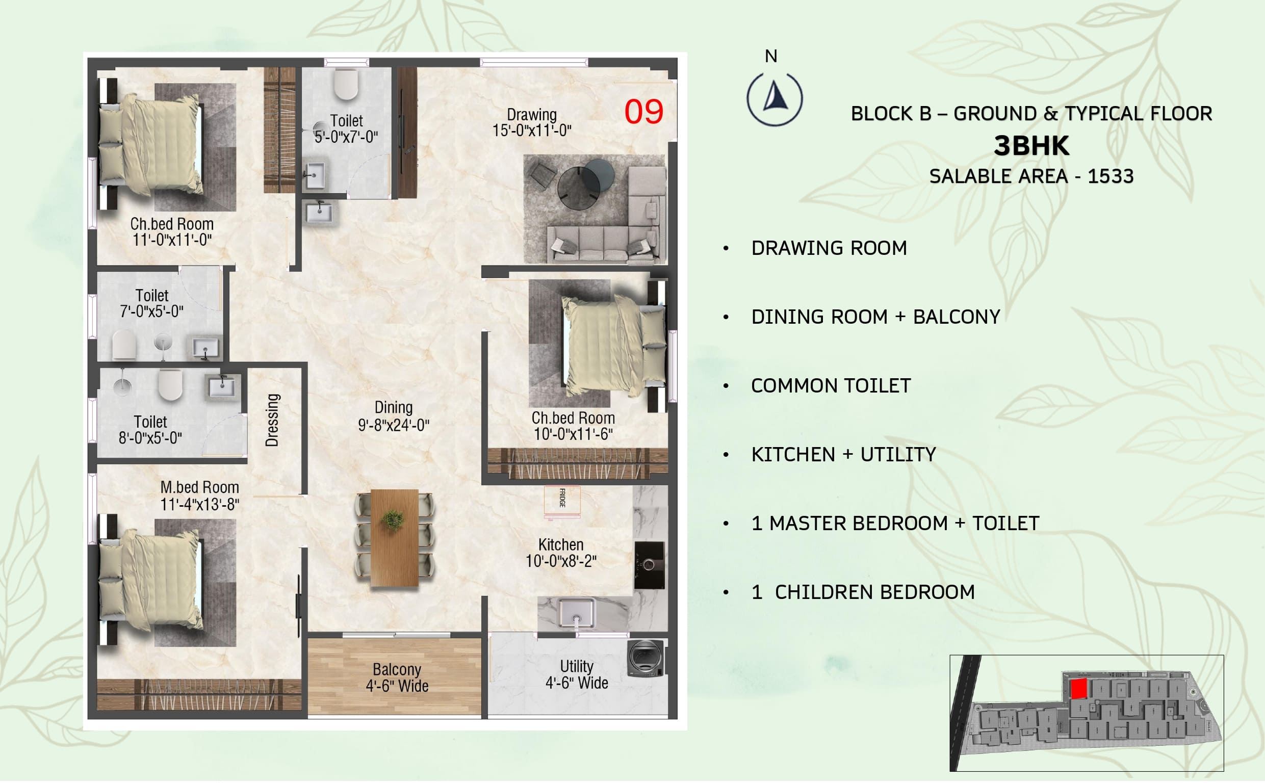 3 BHK Floor Plan